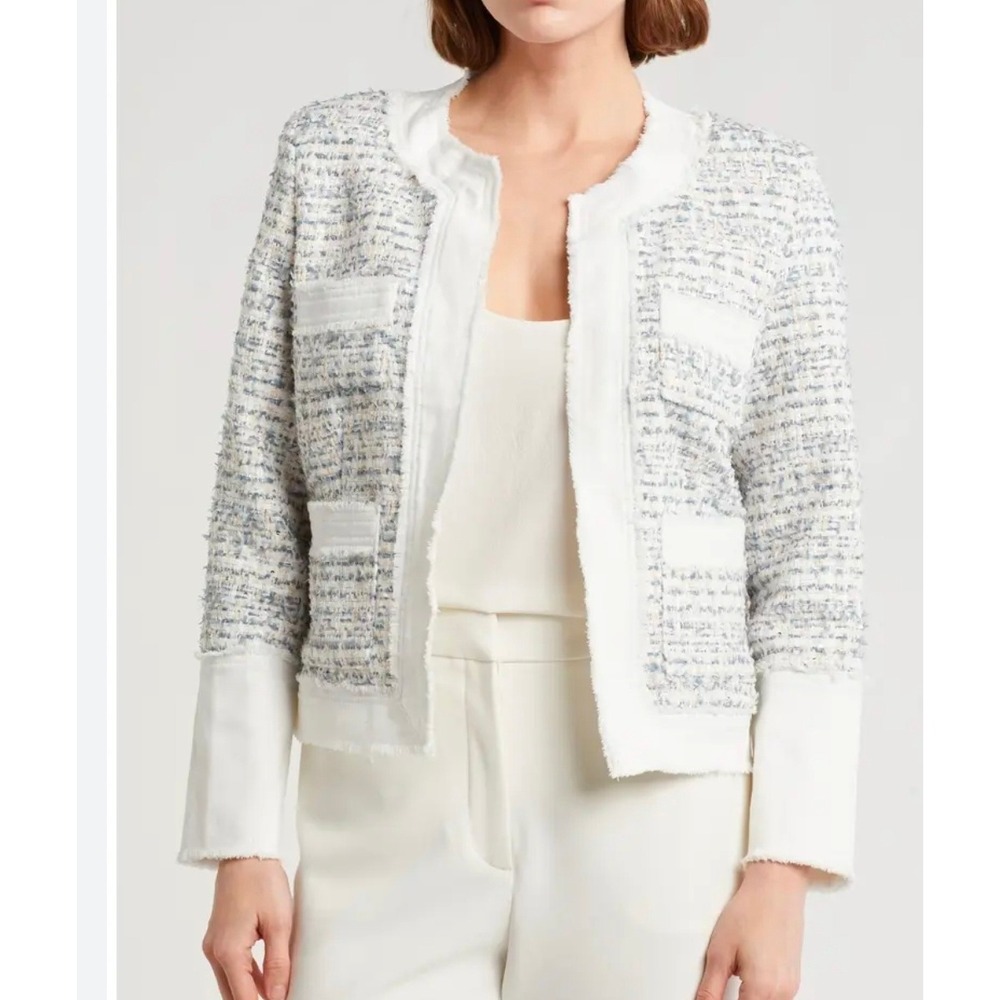 Nanette Lepore Denim Trim Boucle Tweed Open Front Jacket‎ White Blue Women's XL